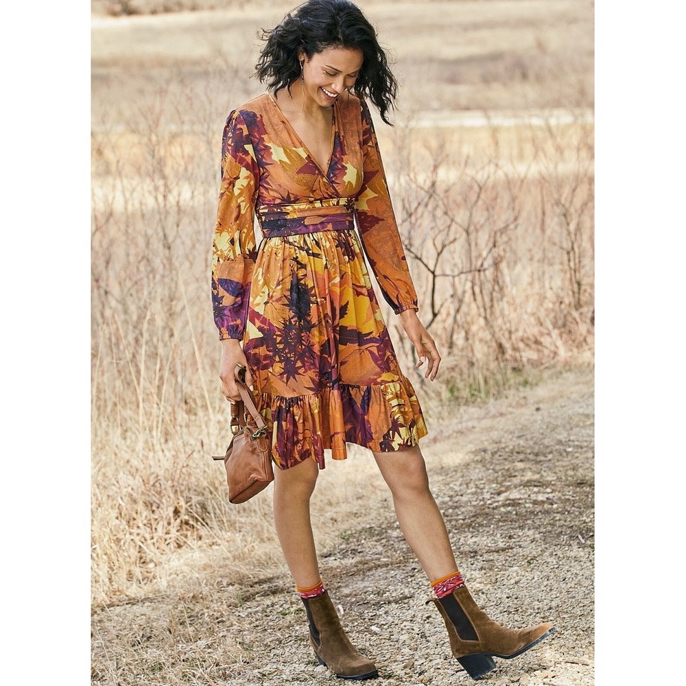 Peruvian Connection Falling Leaves Dress Knee Length Long Sleeve Size S Bohemian